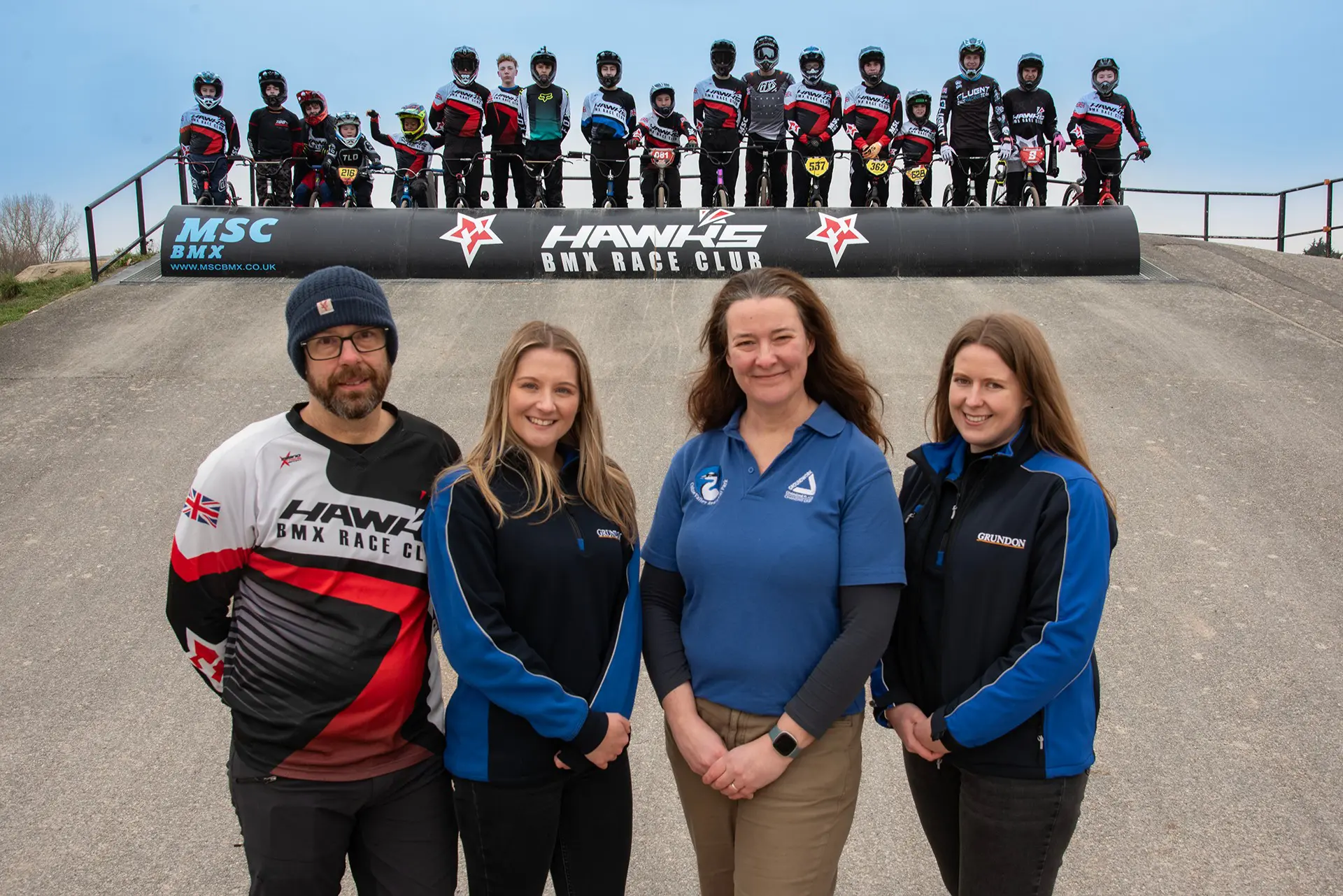 Ready for action - from left, Paul Adams, Kirsti Santer, Michelle Jones and Annie Sessions pictured with Hayes Hawks BMX Club riders