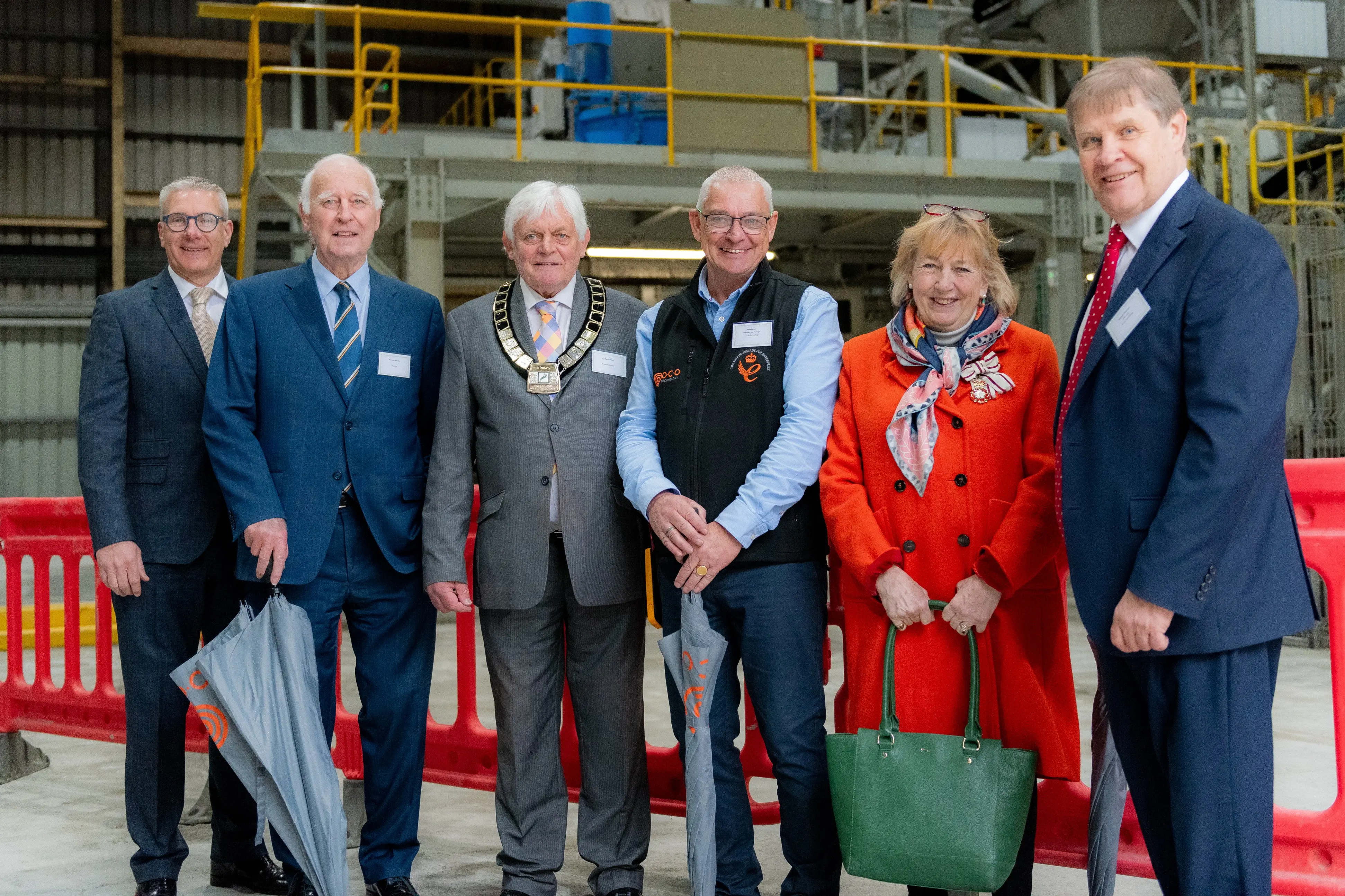 During her visit, Lady Dannatt enjoyed a tour of O.C.O Technology's £10 million manufacturing facility. Pictured l-r: Steve Greig, Norman Grundon, Cllr Keith Gilbert, Paul Barber, Lady Dannatt, Richard Skehens